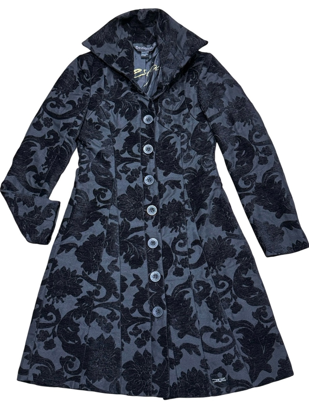 Desigual Sz 38 / US 6 Jacket Grey Black Velvet Floral Gothic Fitted Midi Coat